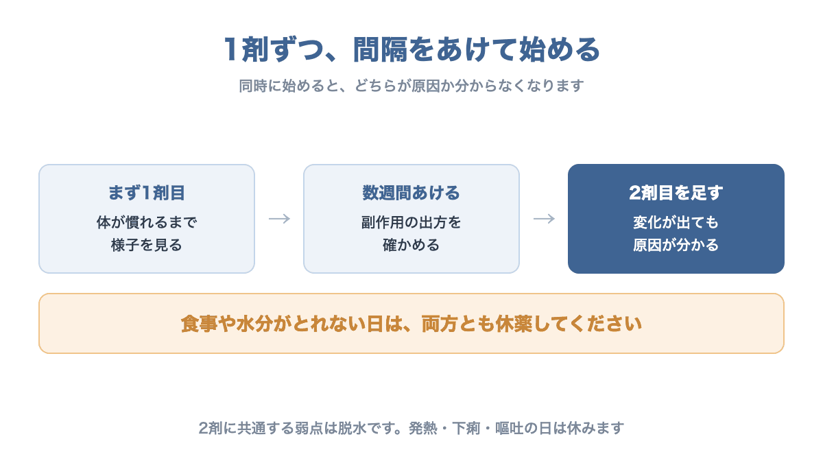 フォシーガとメトホルミンは1剤ずつ間隔をあけて始め、食事がとれない日は両方休薬することを示す図