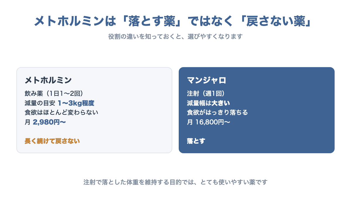 メトホルミンは長く続けて戻さない薬、マンジャロは落とす薬という役割の違いを減量幅と費用で比べた図