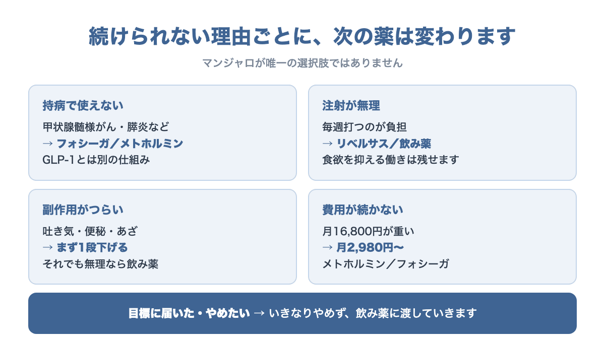 持病・注射・副作用・費用・目標達成の5つの理由ごとに次に考える薬を示す図