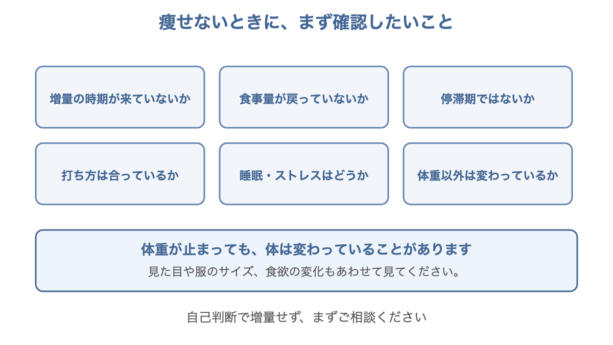 マンジャロで痩せないときに確認したい6つのポイントを示した図