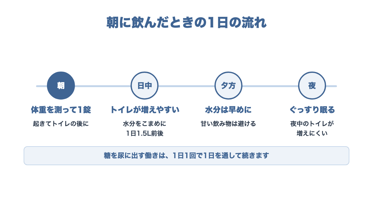 フォシーガを朝に飲んだときの1日の流れ。朝に飲み、日中は尿が増えやすいので水分をこまめにとる。夜はトイレが増えにくく、糖を出す働きは1日続く