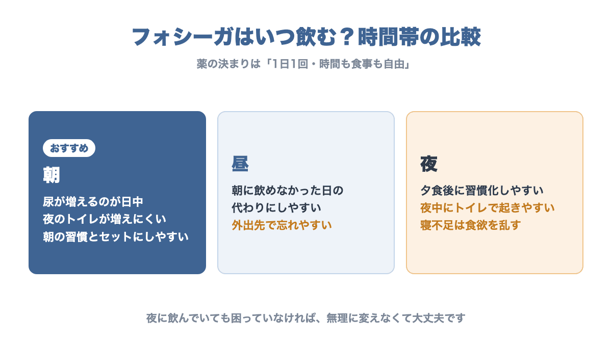 フォシーガを飲む時間帯の比較。朝はおすすめで夜のトイレが増えにくい。昼は朝の代わりにできるが忘れやすい。夜は夜中にトイレで起きやすい